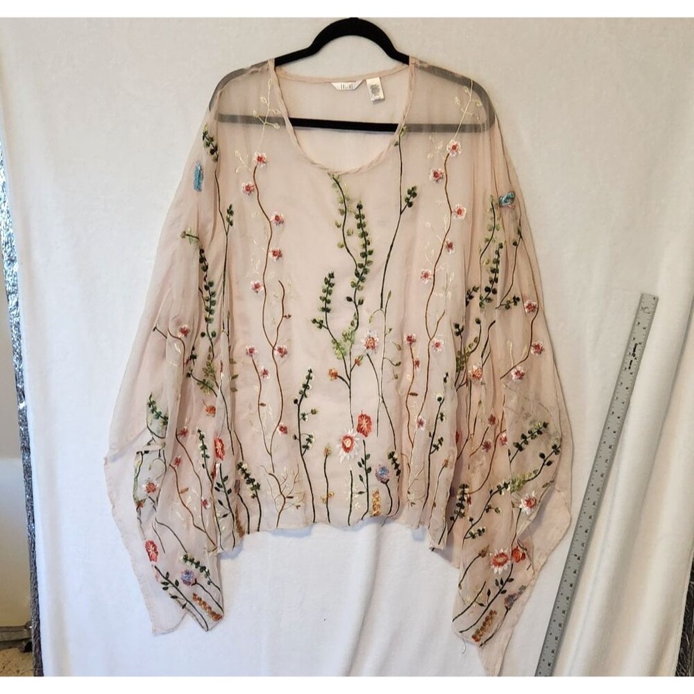 Kaktus One Size Sheer Floral Embroidered Peach Tunic Poncho Boho